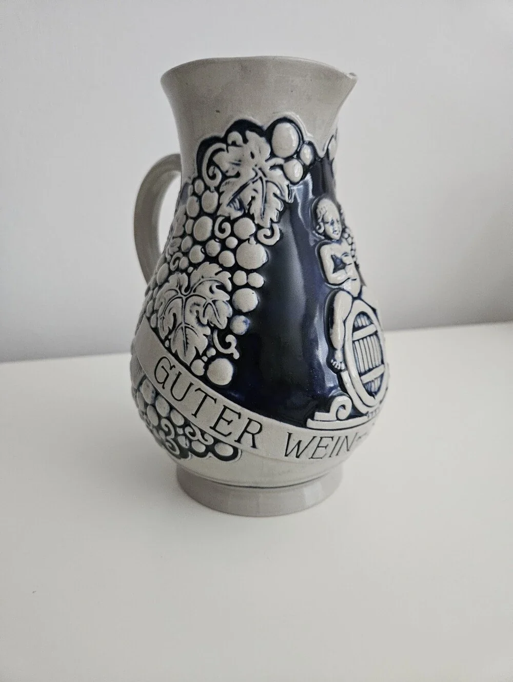 VTG German Stoneware Cobalt Blue & Gray Wine Pitcher | SZ 7